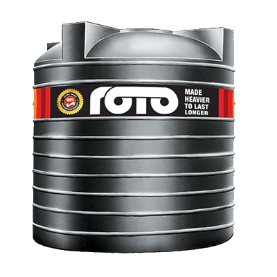 Black cylindrical Roto water storage tank with a red label band