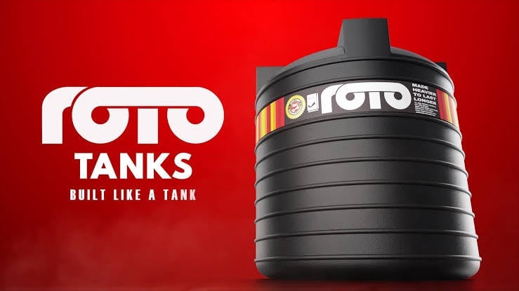 Roto Tanks logo and black cylindrical water tank on a red background with the tagline Built Like a Tank