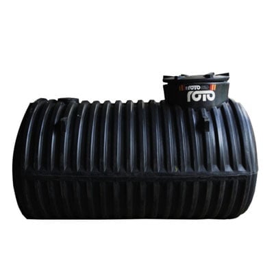 Black ribbed plastic septic tank with ROTO brand label on top