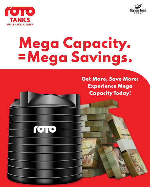 Roto Tanks advertisement showing a black water tank beside stacks of cash, promoting mega capacity and mega savings